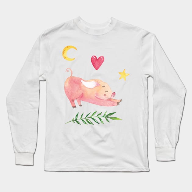 Yoga Piglet with Half Moon Heart and Star Long Sleeve T-Shirt by susannefloe